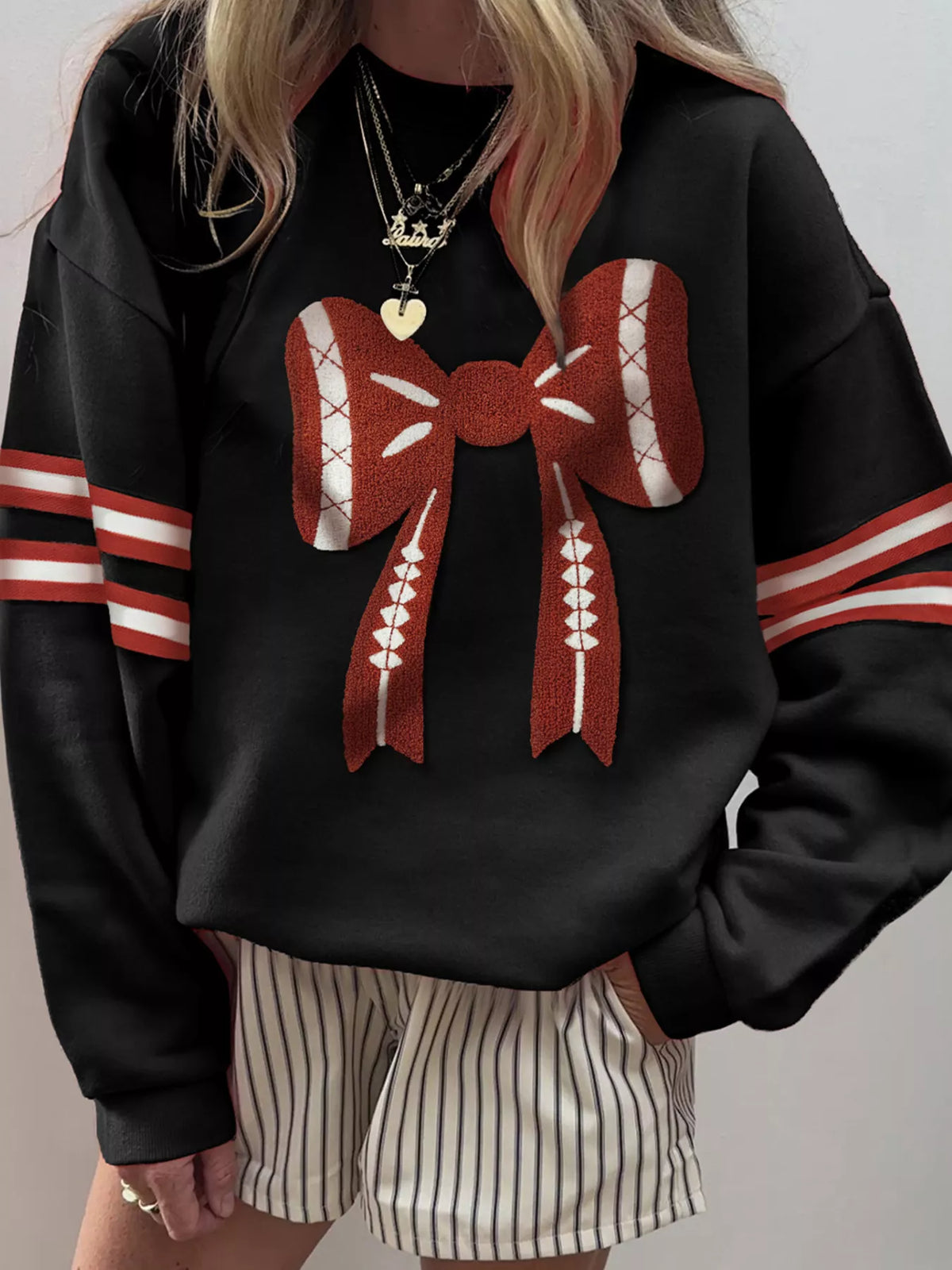 Bow Front Dropped Shoulder Sweatshirt Black OutfitFlow