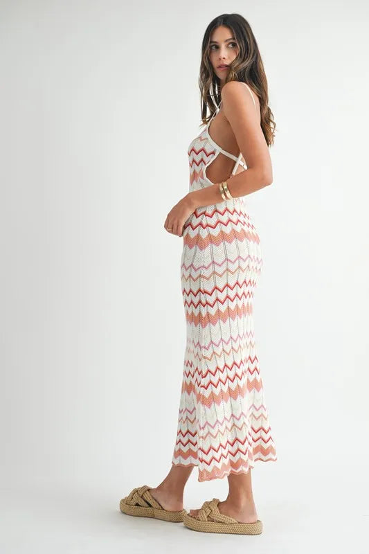 MABLE Lightweight Pointelle Chevron Knit Maxi Dress OutfitFlow