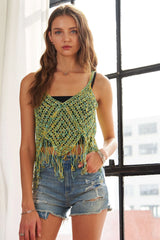 ADORA Fringe Hem Crochet Tank Top BEIGE GREEN One Size OutfitFlow