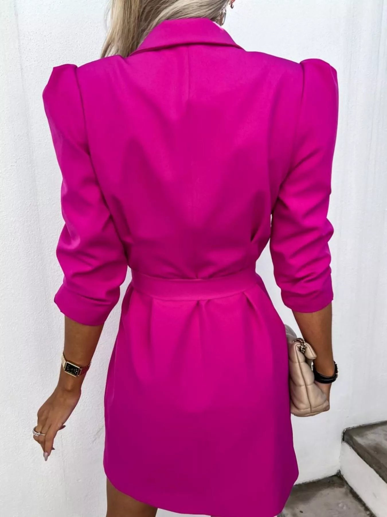 3/4 Sleeve Belted Blazer Dress OutfitFlow