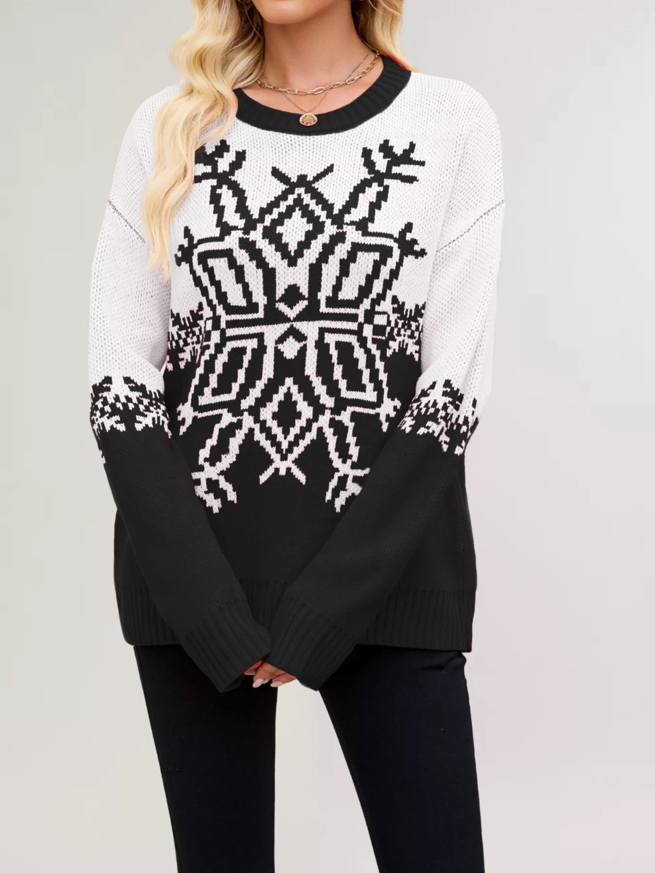 Christmas Snowflake Round Neck Sweater OutfitFlow