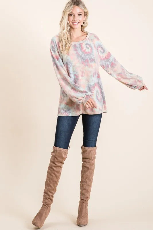 BiBi Brushed Tie Dye Print Top with Puff Sleeves OutfitFlow