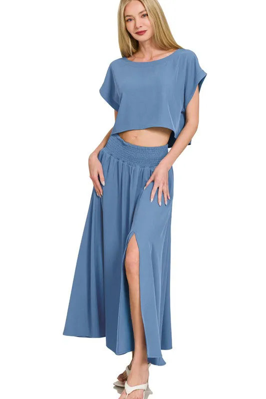Zenana Heavy Woven Span Crop Tee & Skirt Set OutfitFlow