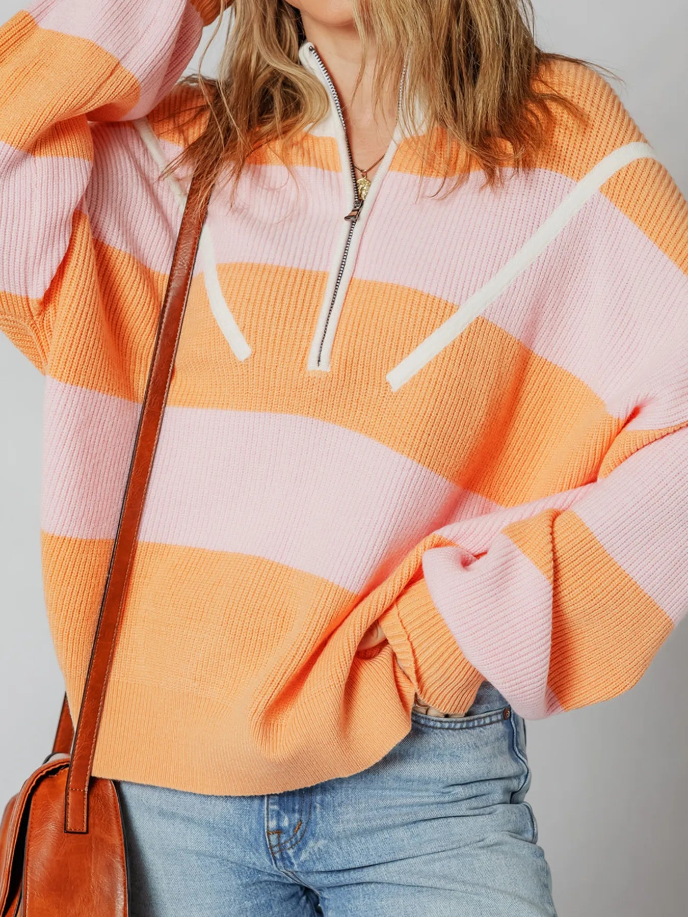Stripe Color Block Half Zip Oversize Sweater OutfitFlow