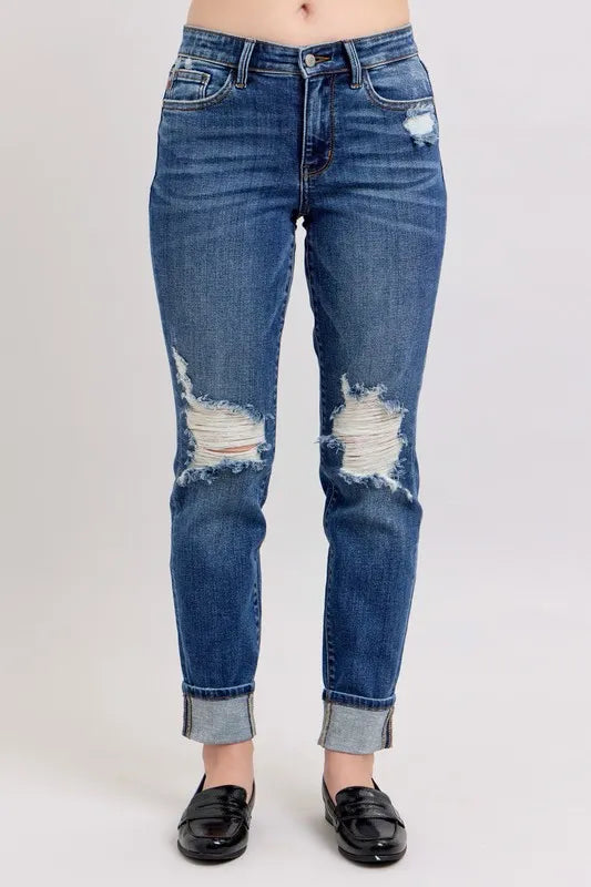Judy Blue Full Size Midi Rise Boyfriend destroy Jeans with Yoke Pockets and Faux Selvedge Cuff Plus Size OutfitFlow