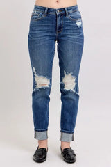 Judy Blue Full Size Midi Rise Boyfriend destroy Jeans with Yoke Pockets and Faux Selvedge Cuff Plus Size OutfitFlow