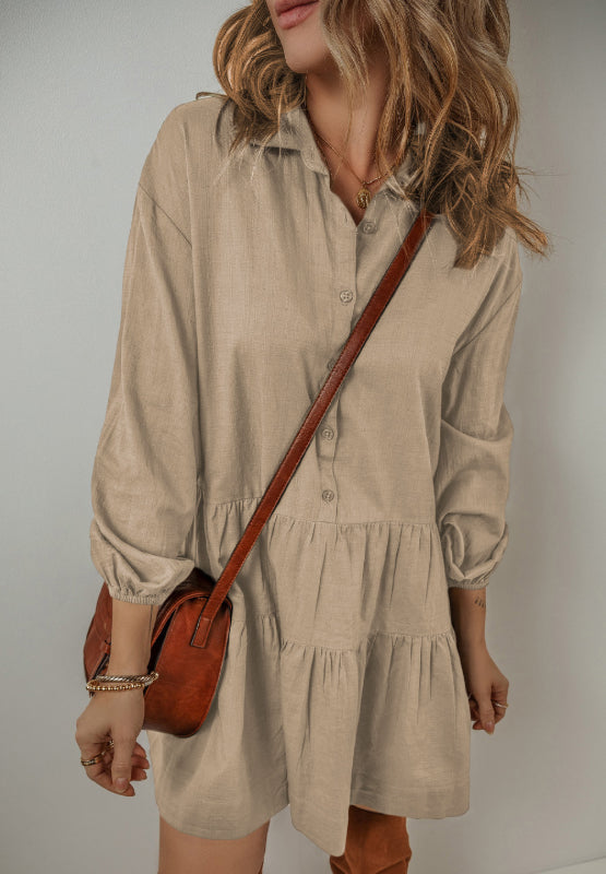 Outfit Flow - Tiered Collared Neck Balloon Sleeve Shirt Dress