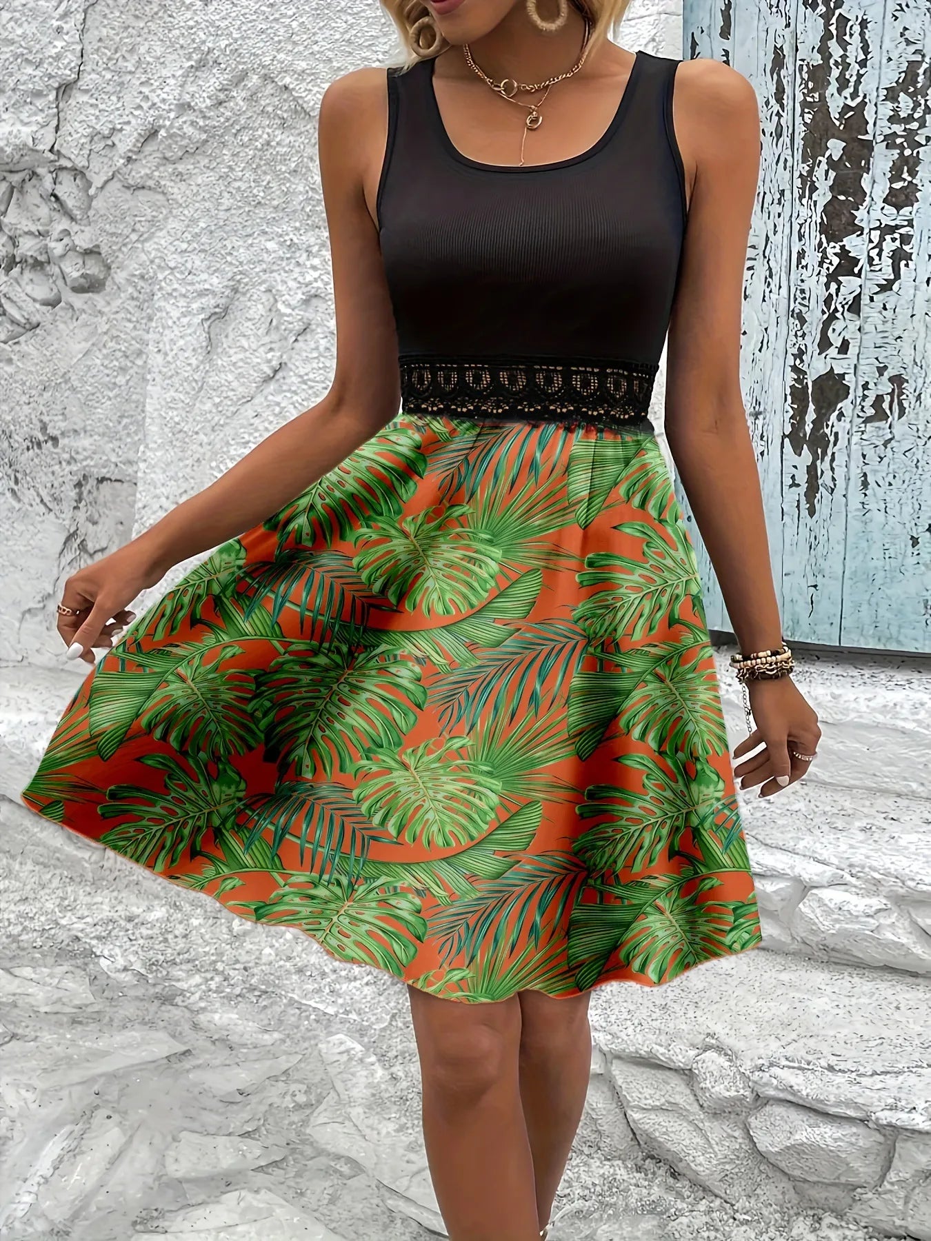 Tropical Print Sleeveless Summer Dress with Lace Waist Detail OutfitFlow