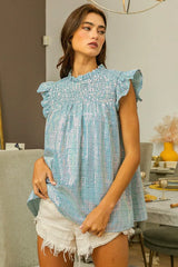 BiBi Clear Sequin All-over Gingham Smocked Top LT DENIM OutfitFlow