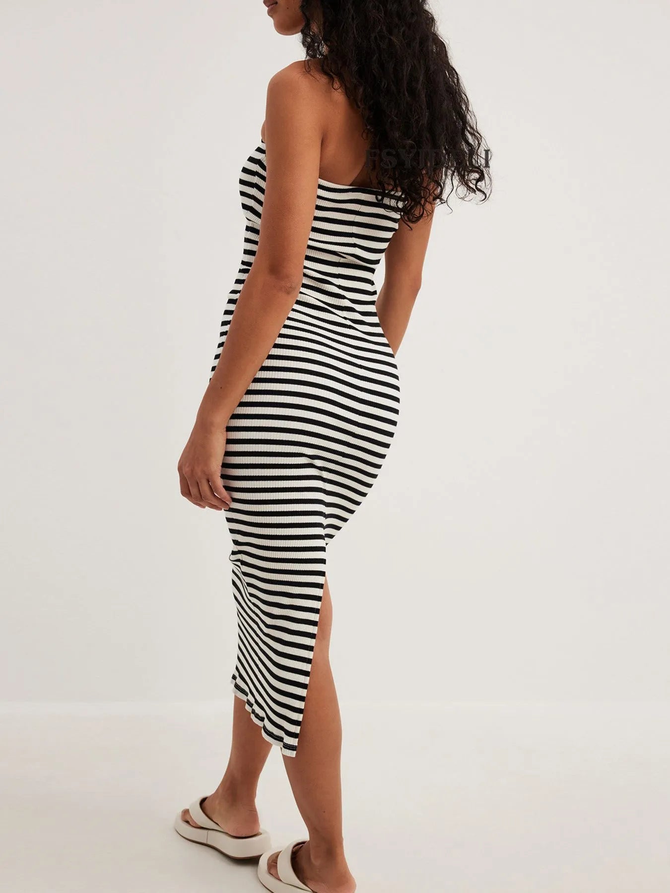 Slit Back Striped Strapless Bodycon Midi Dress OutfitFlow