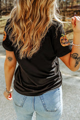 Sequin Pumpkin Round Neck Short Sleeve T-Shirt OutfitFlow