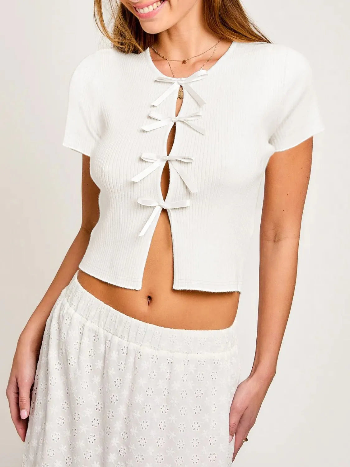 Bow Round Neck Short Sleeve T-Shirt OutfitFlow