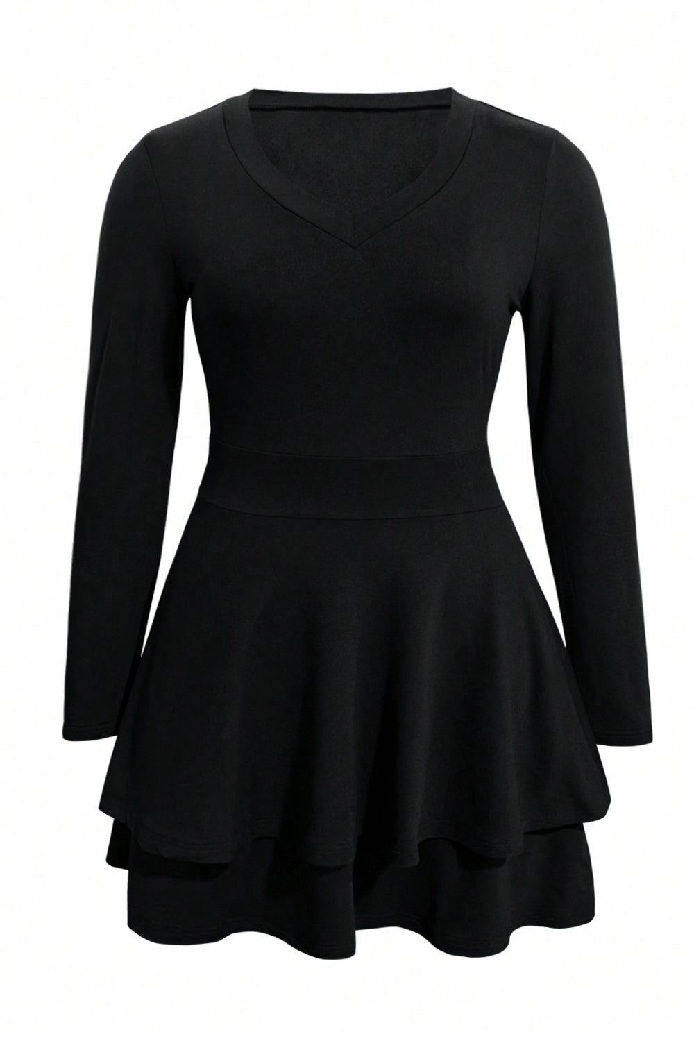 Plus Size Layered V-Neck Long Sleeve Mini Dress OutfitFlow