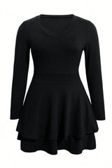 Plus Size Layered V-Neck Long Sleeve Mini Dress OutfitFlow