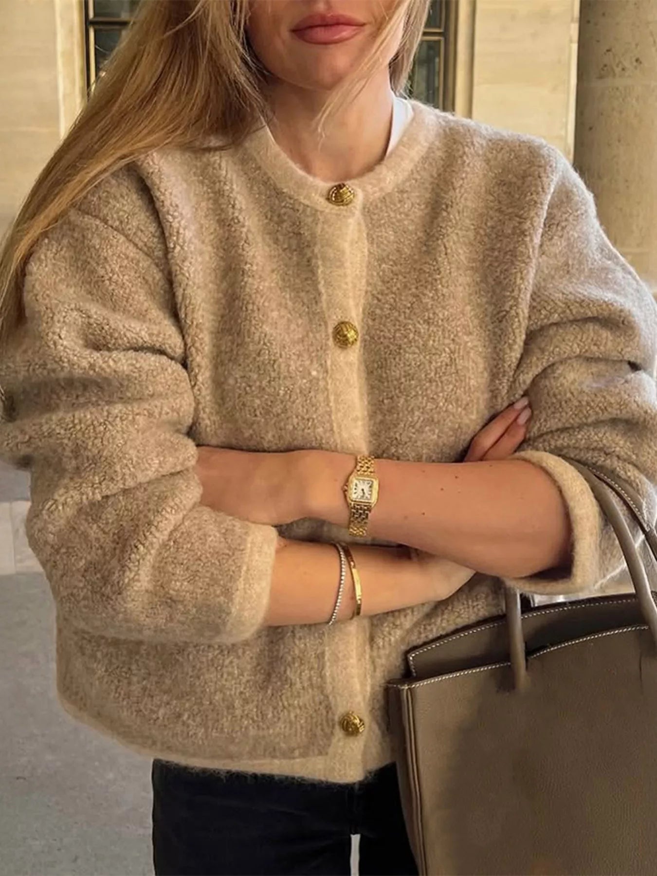 Textured Knit Cardigan with Gold Buttons Apricot OutfitFlow