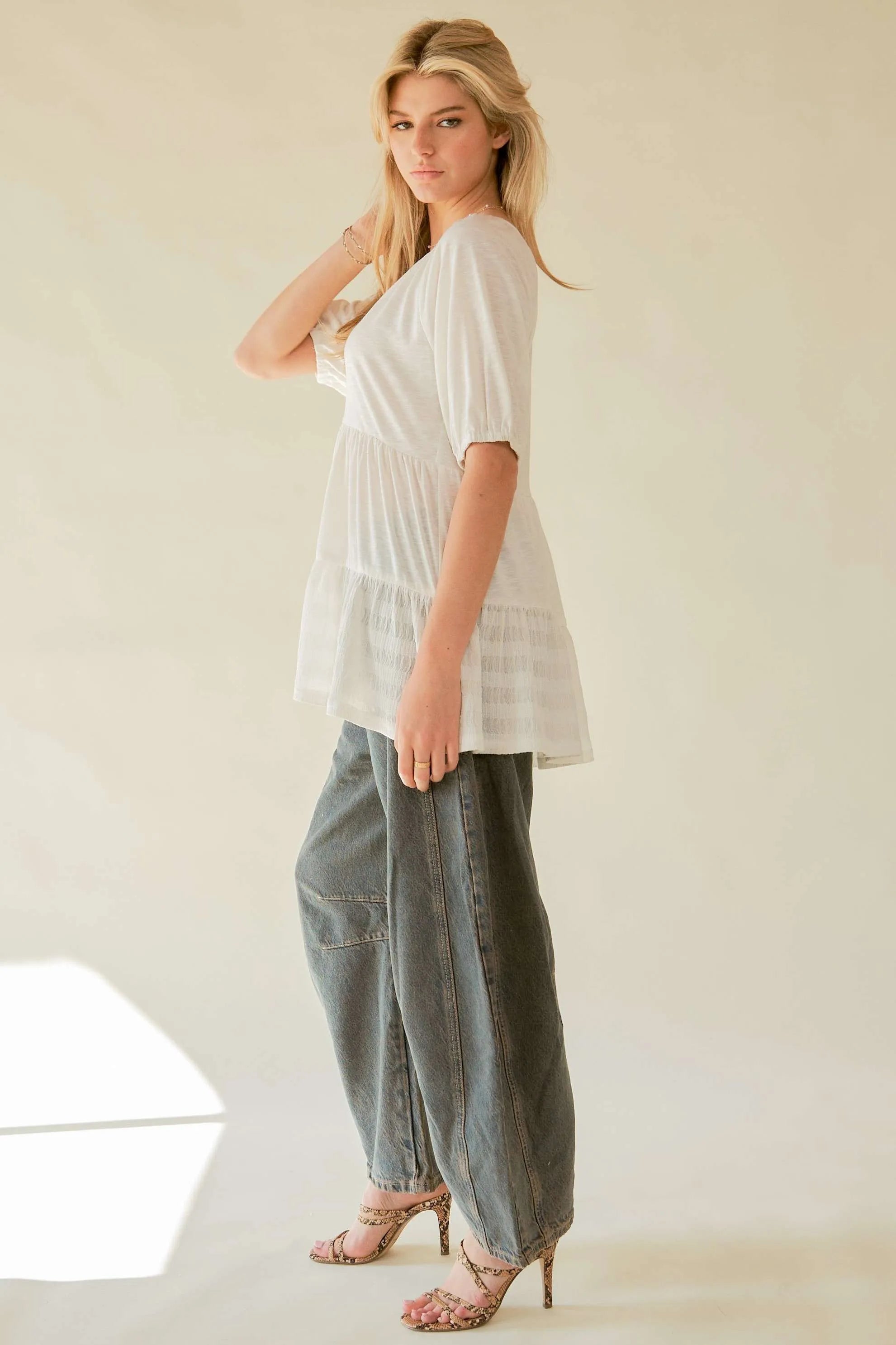 Davi & Dani Ruffled Flared Short Sleeve V Neck Blouse OutfitFlow