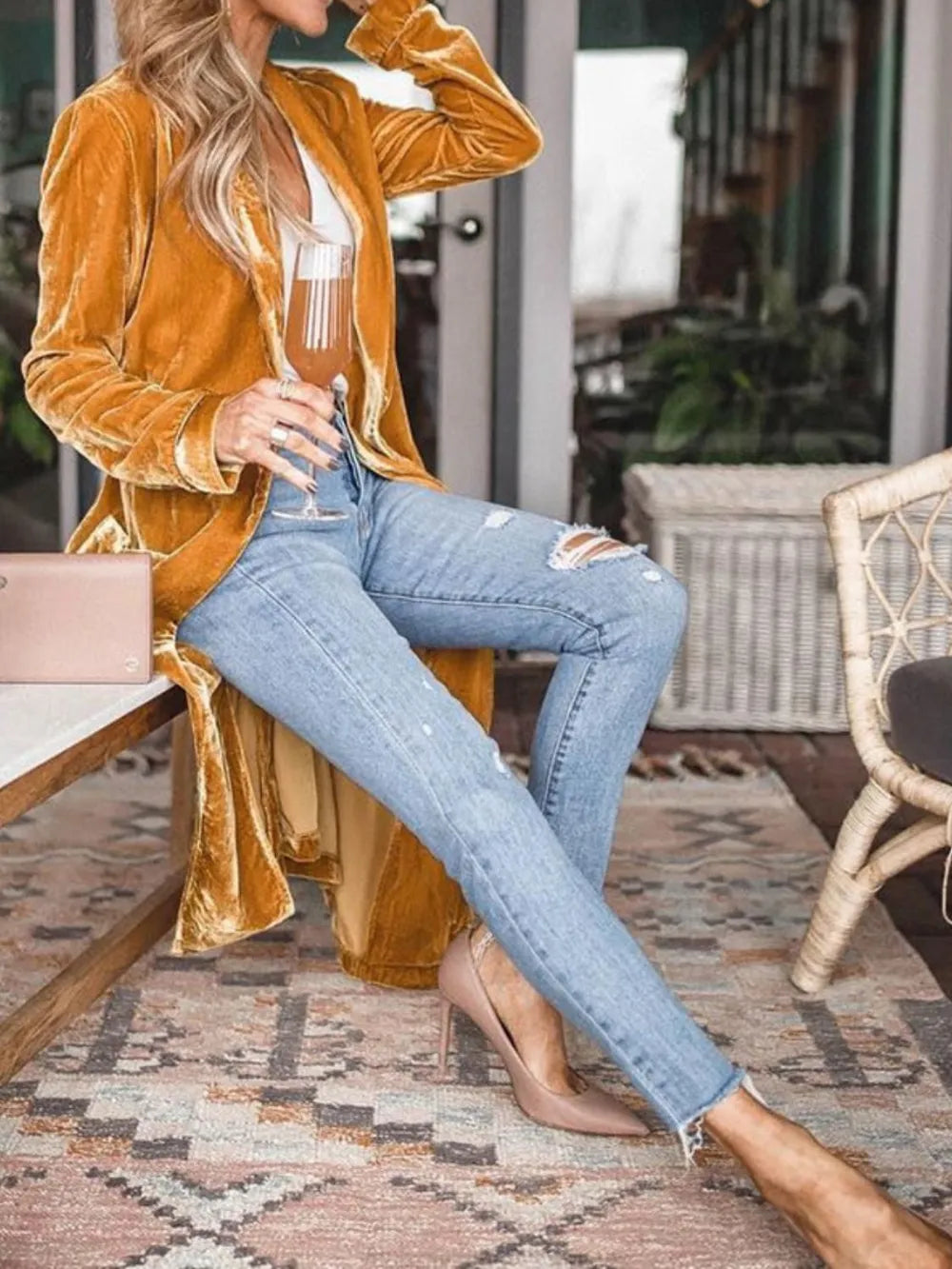 Open Front Long Sleeve Coat Trendsi