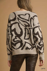Umgee Heart Print Crew Neck Sweater Trendsi