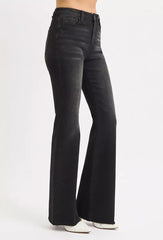 RISEN Full Size High Rise Flare Raw Cut Hem Jeans Plus Size OutfitFlow
