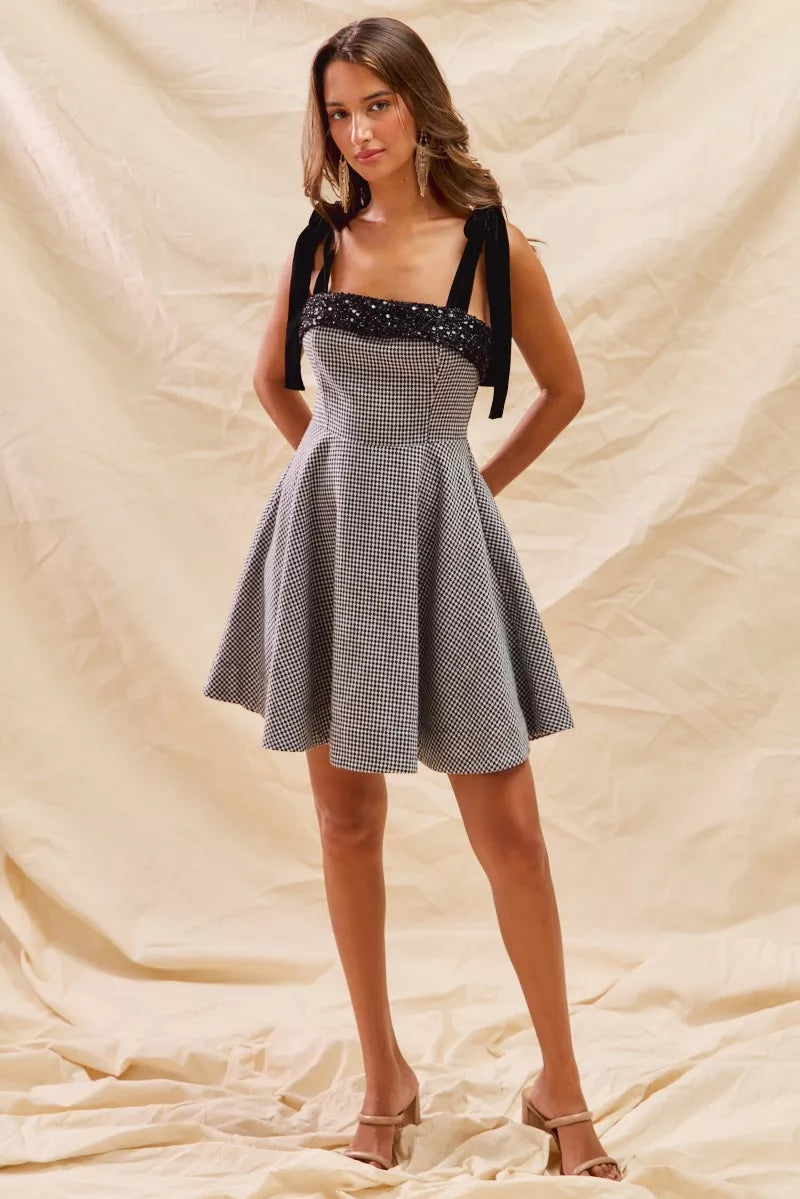 SO ME Houndstooth Fit Flare Mini Dress with Shoulder Tie OutfitFlow