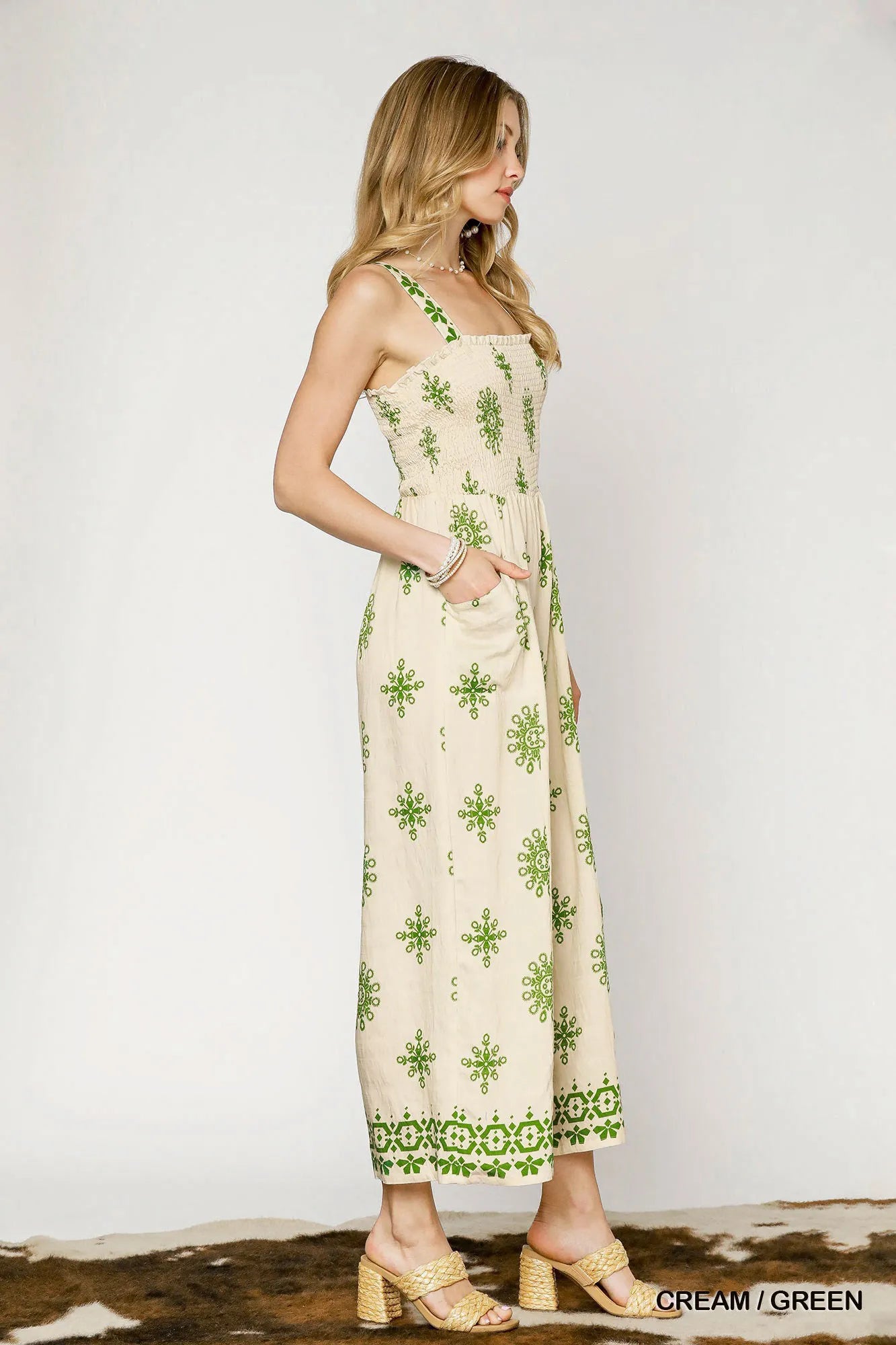 Umgee Smocked Printed Wide Leg Jumpsuit OutfitFlow