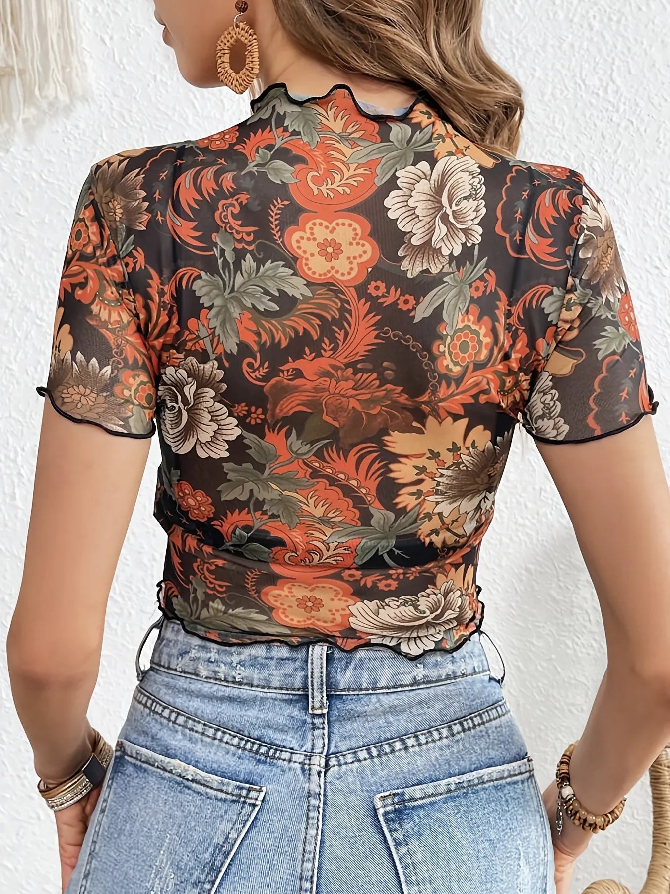 Floral Mesh Crop Top with Lettuce Trim OutfitFlow