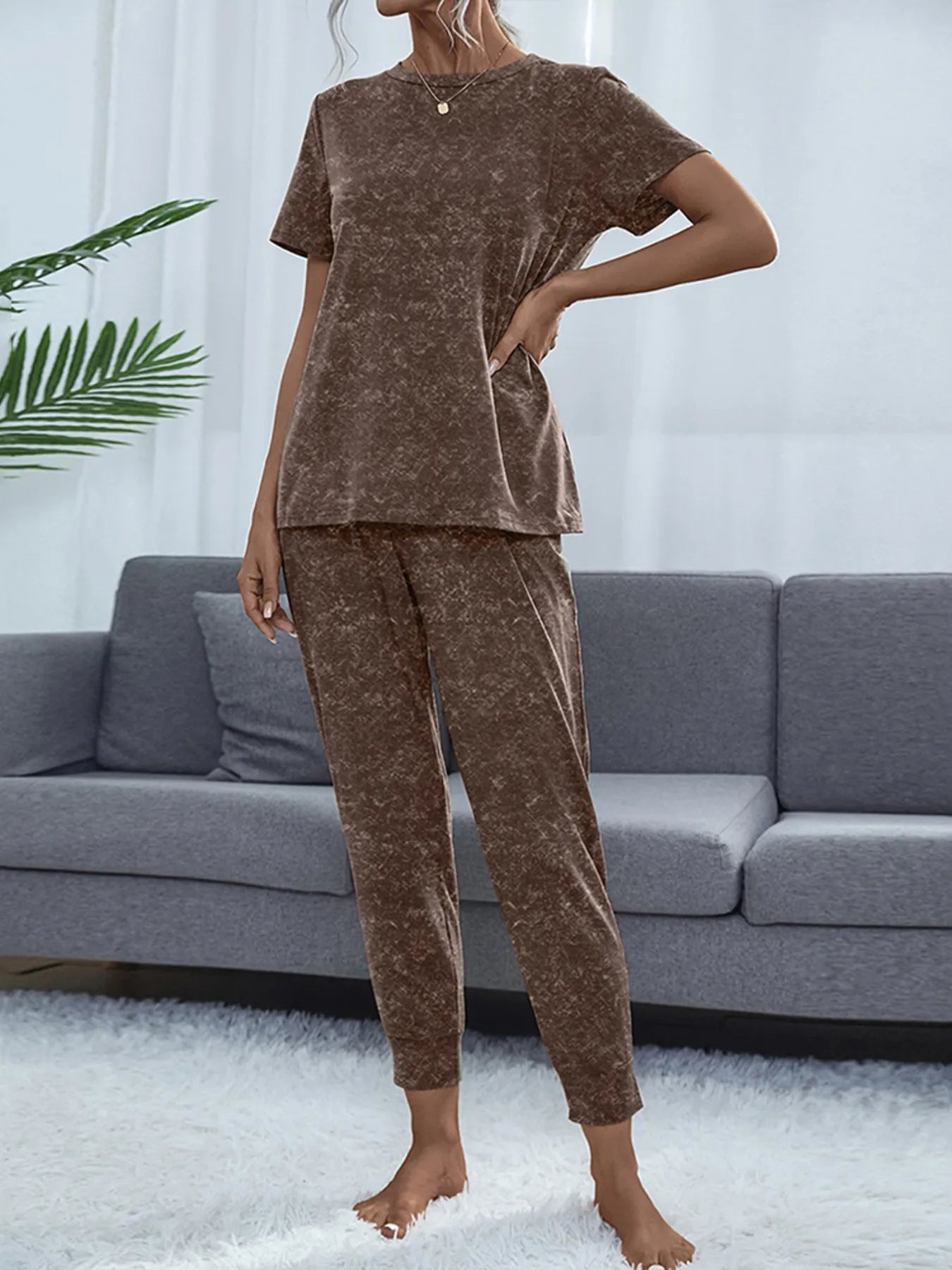 Round Neck Short Sleeve Top and Pants Lounge Set OutfitFlow