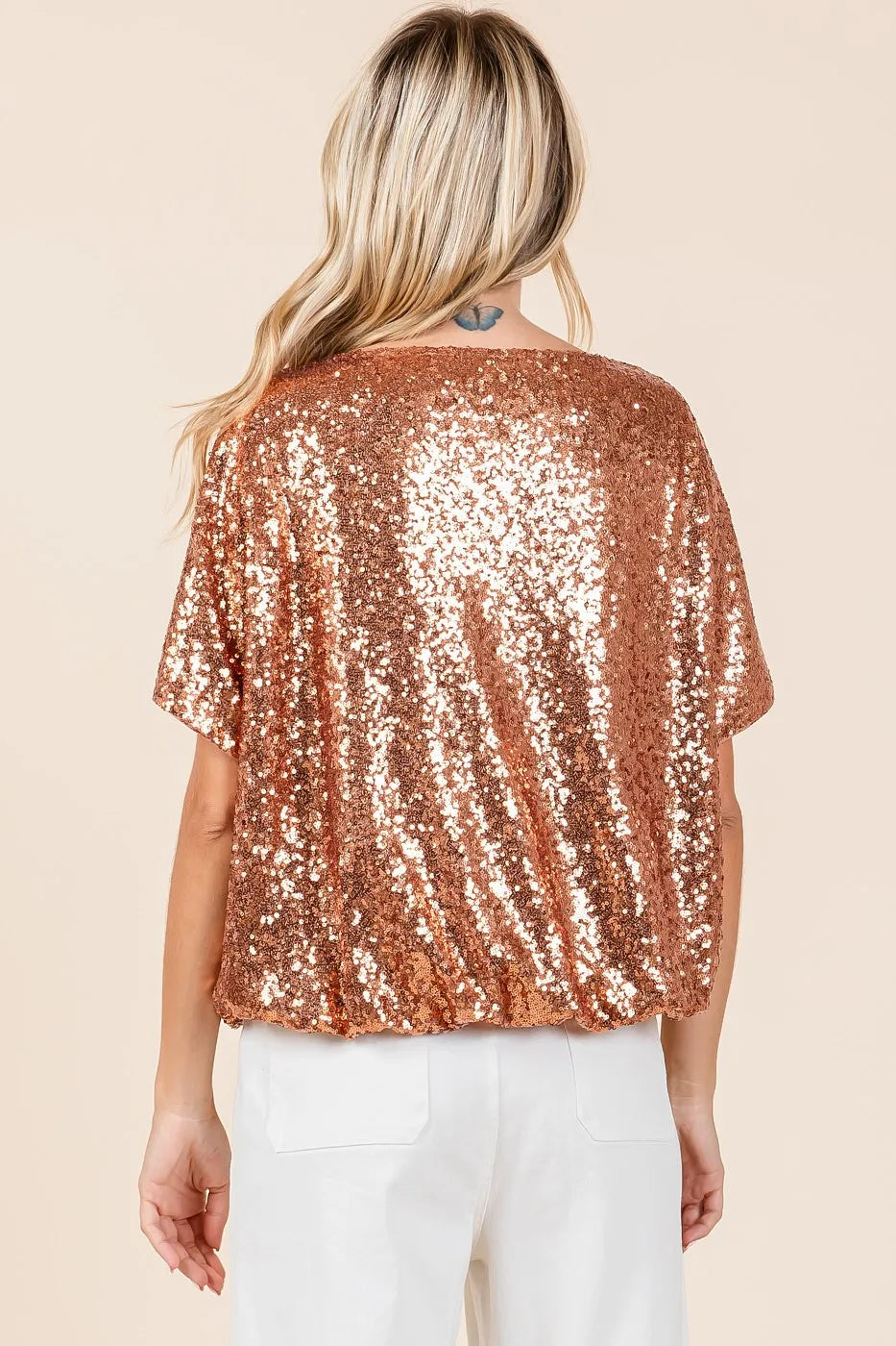 Mittoshop Sequin Short Sleeve Elastic Band Hem Top OutfitFlow
