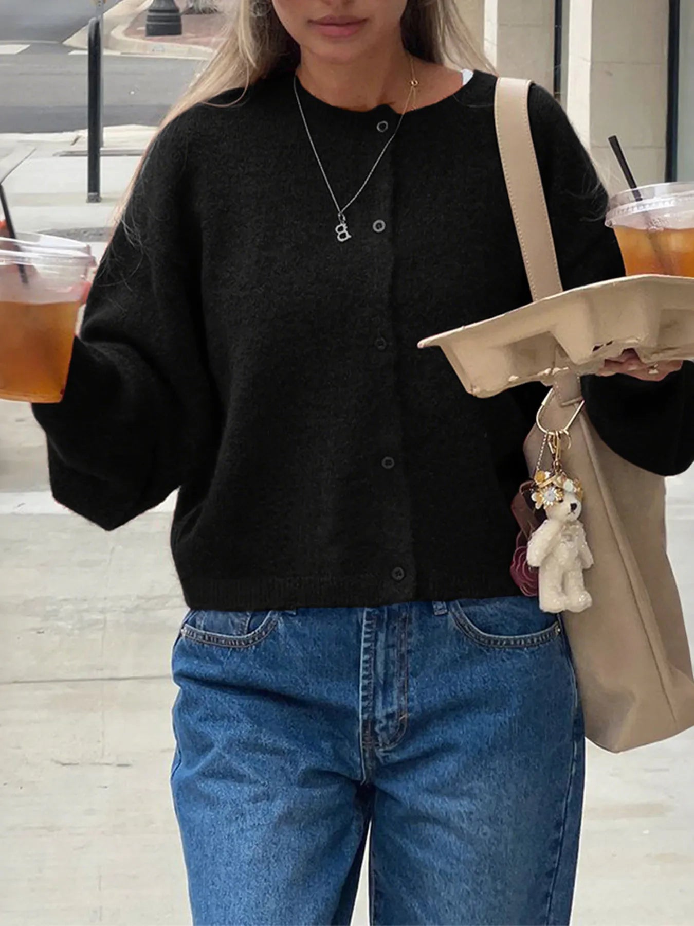 Button-Up Cropped Sweater Cardigan OutfitFlow