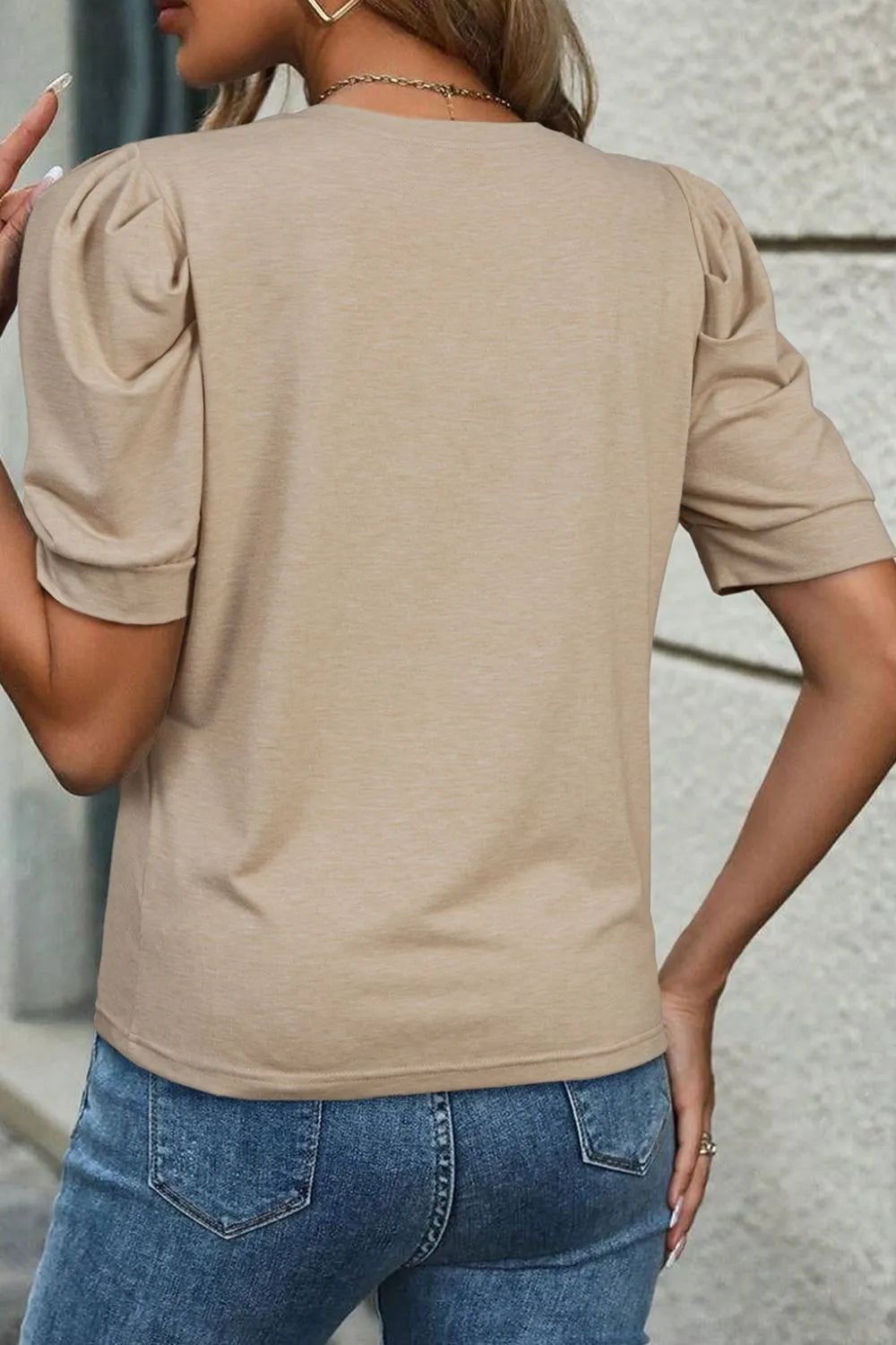 Round Neck Puff Sleeve Casual T-Shirt OutfitFlow