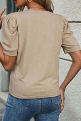 Round Neck Puff Sleeve Casual T-Shirt OutfitFlow