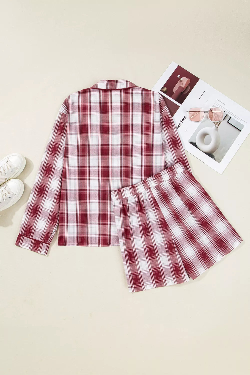 Plaid Long Sleeve Shirt and Drawstring Shorts Lounge Set OutfitFlow