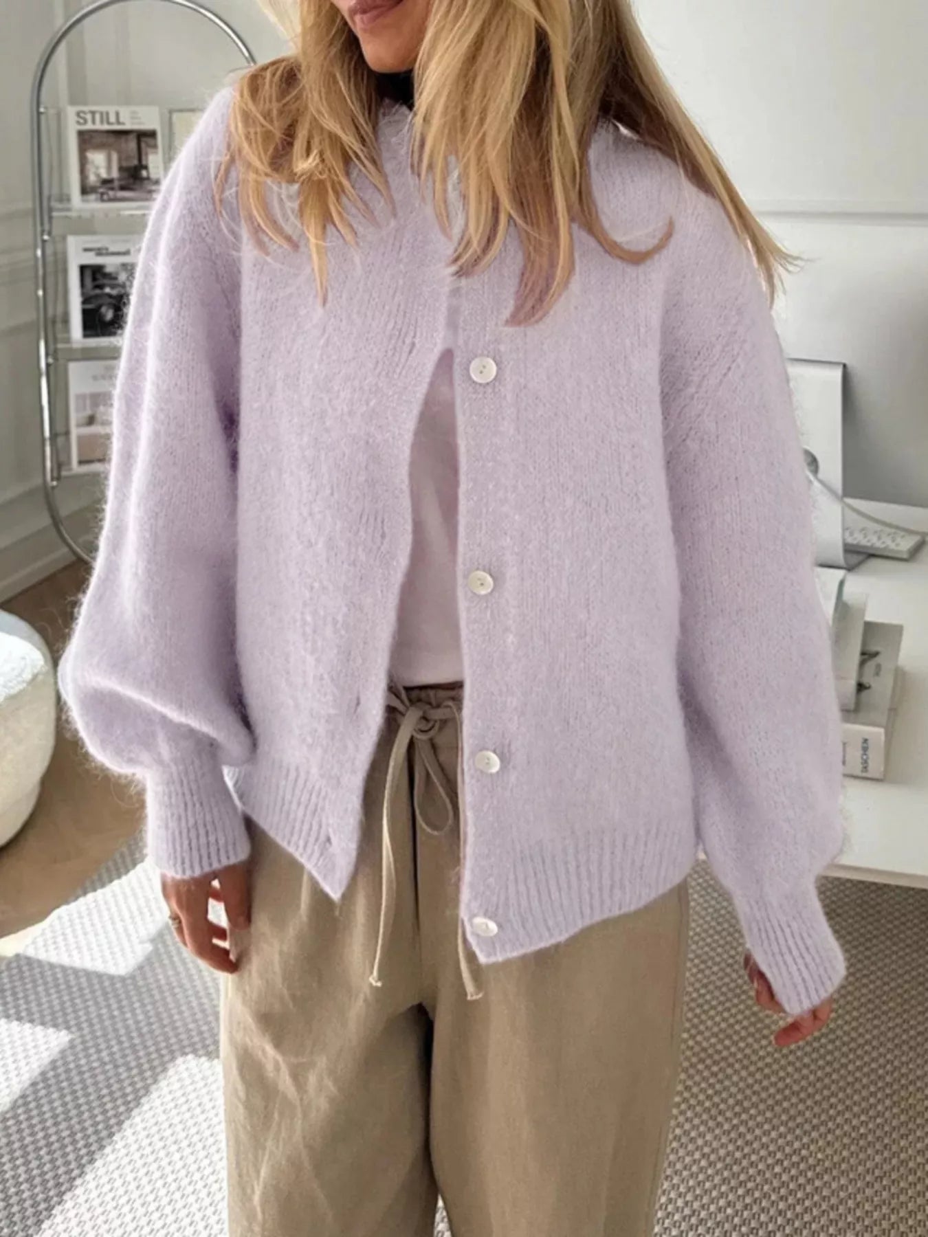 Button-Front Round Neck Cardigan OutfitFlow