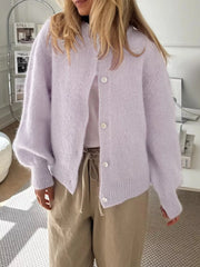 Button-Front Round Neck Cardigan OutfitFlow