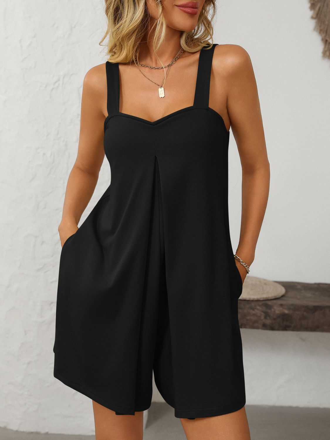 Outfit Flow - Mandy Sweetheart Neck Wide Strap Romper with Pockets