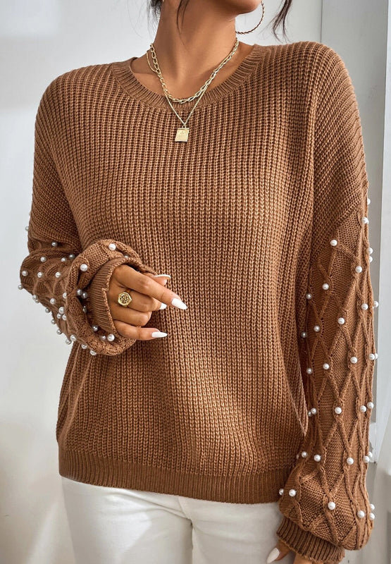 Outfit Flow - Pearl Detail Round Neck Long Sleeve Sweater