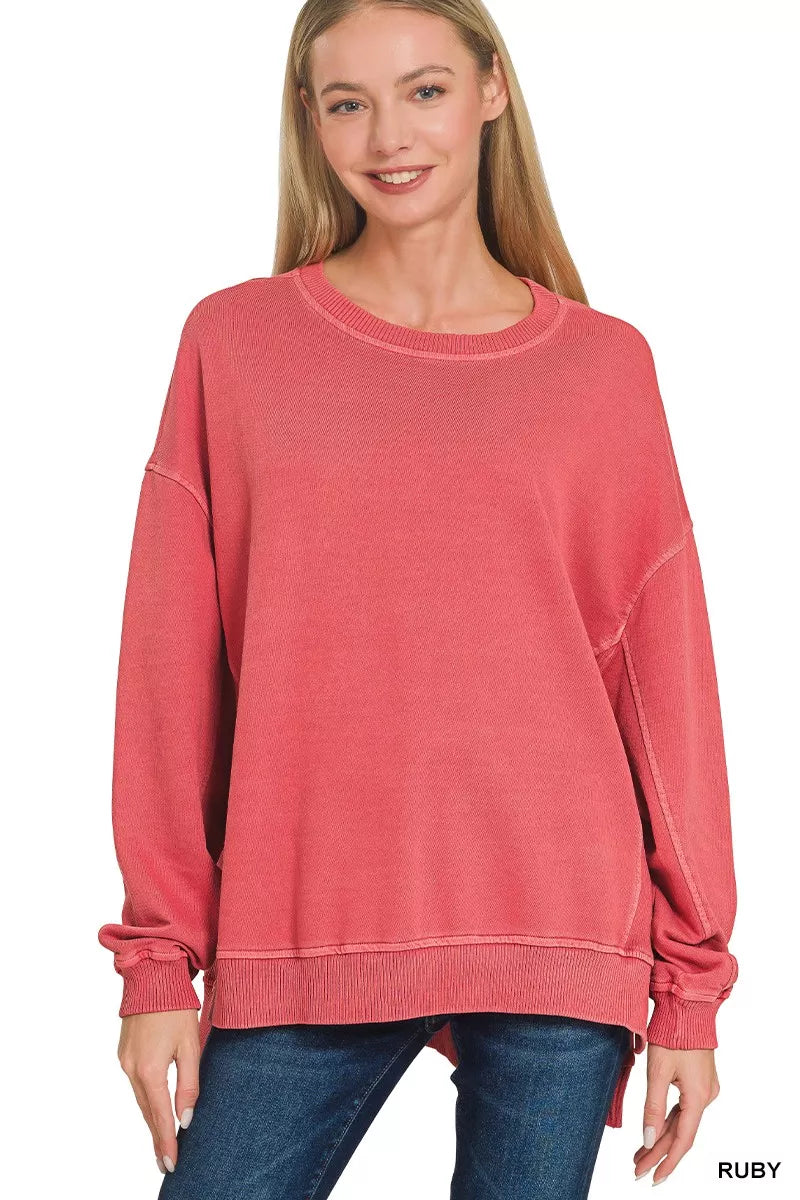Zenana Full Size French Terry Pigment Dye & Enzyme Washing Pullover Plus Size RUBY OutfitFlow
