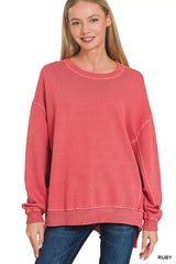 Zenana Full Size French Terry Pigment Dye & Enzyme Washing Pullover Plus Size RUBY OutfitFlow