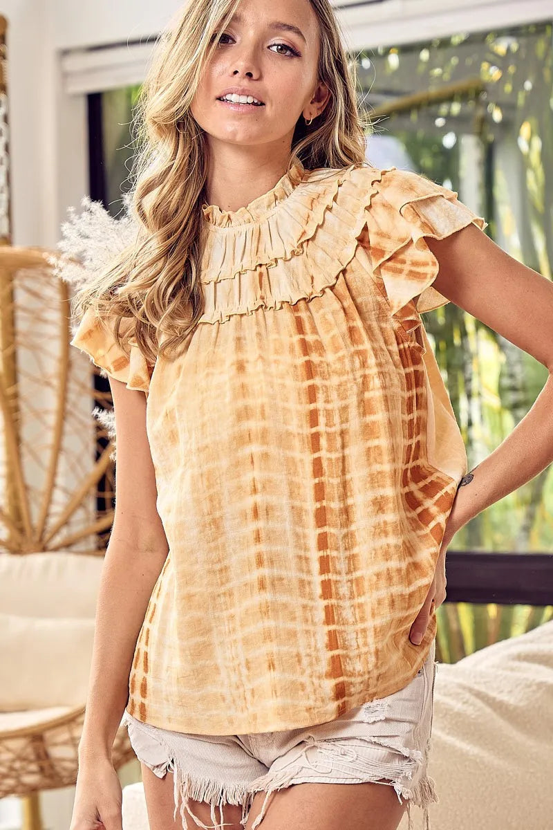 BiBi Tiered Ruffle Neck Tie Dye Top OutfitFlow