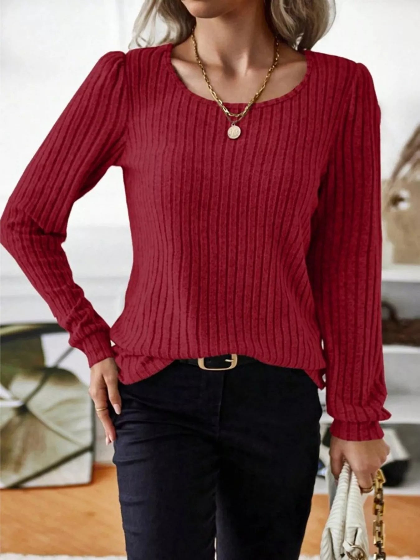 Ribbed Knit Long Sleeve T-Shirt OutfitFlow