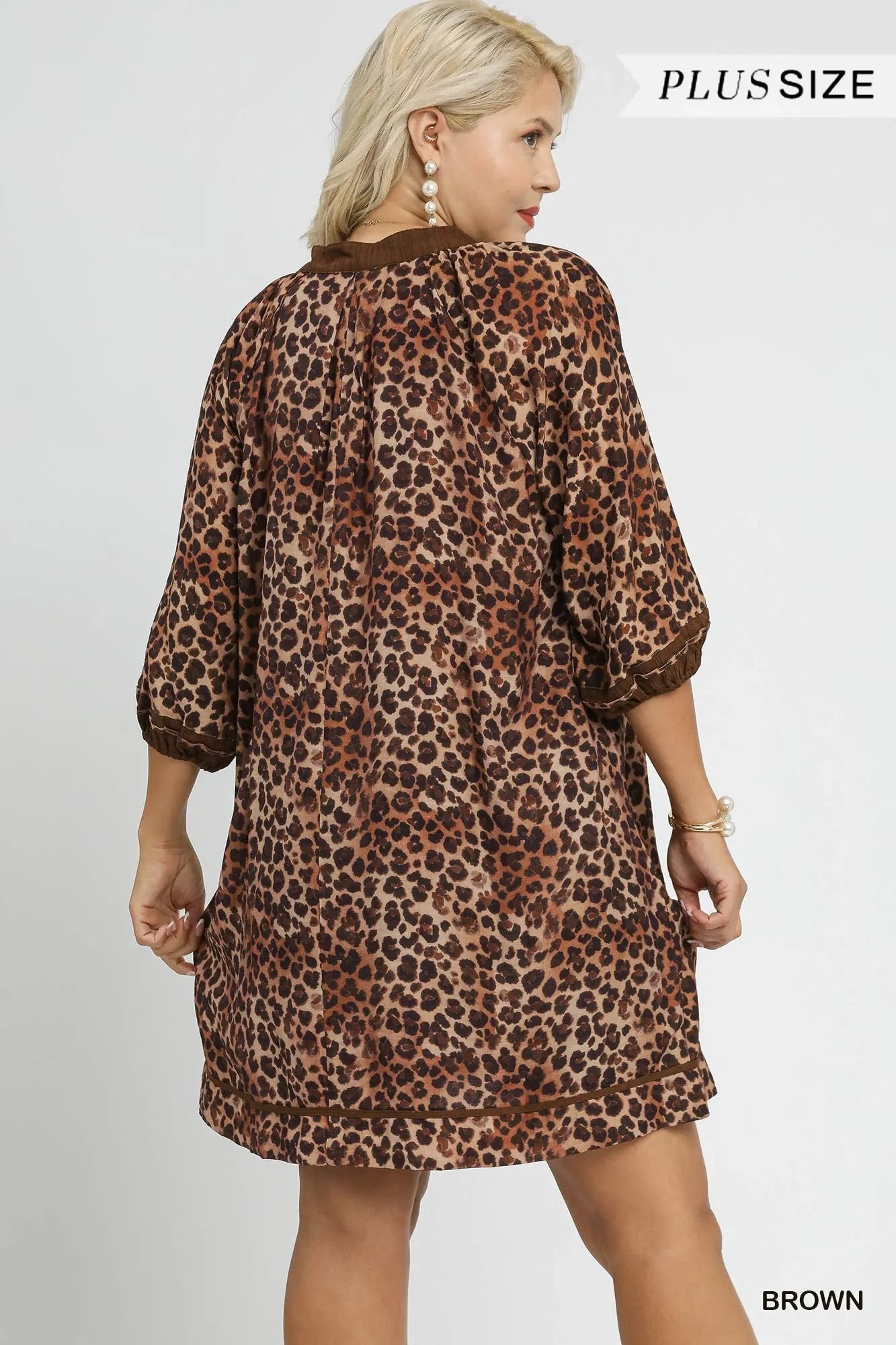 Umgee Full Size Leopard Print Mini Dress with Contrast Trim Plus Size Trendsi