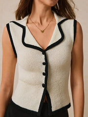 Contrast Trim Button Front Sweater Vest Cream OutfitFlow