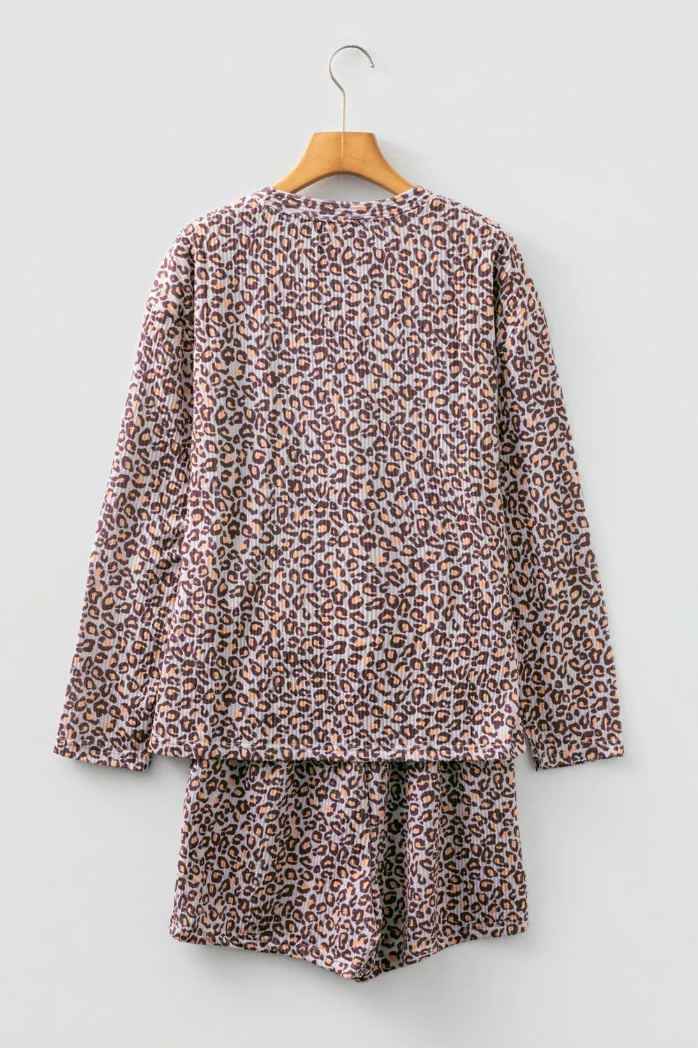 Leopard Ribbed Long Sleeve Top Drawstring Shorts 2pcs Outfit OutfitFlow