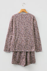 Leopard Ribbed Long Sleeve Top Drawstring Shorts 2pcs Outfit OutfitFlow