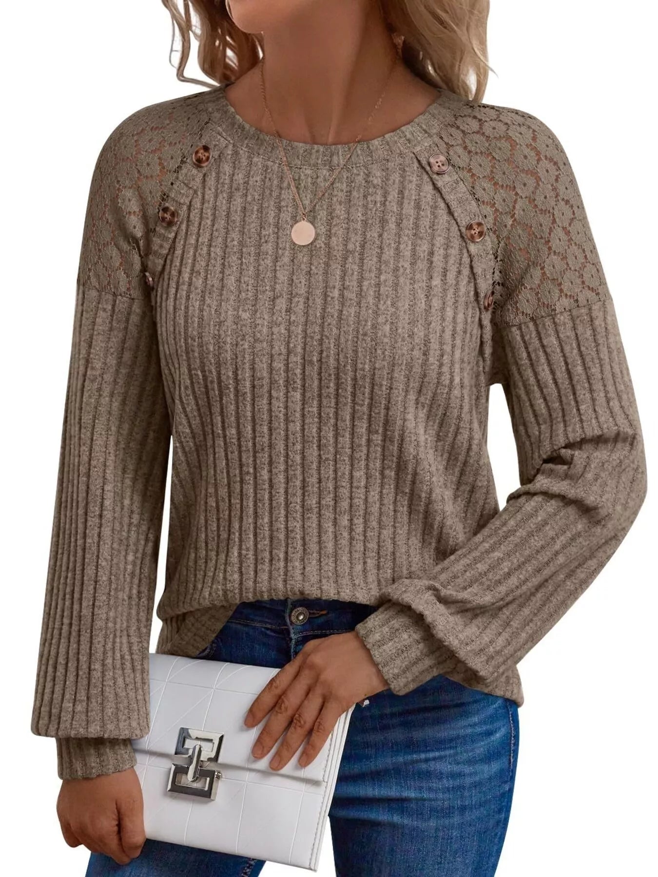 Ribbed Knit T-Shirt with Lace Shoulder Detail OutfitFlow