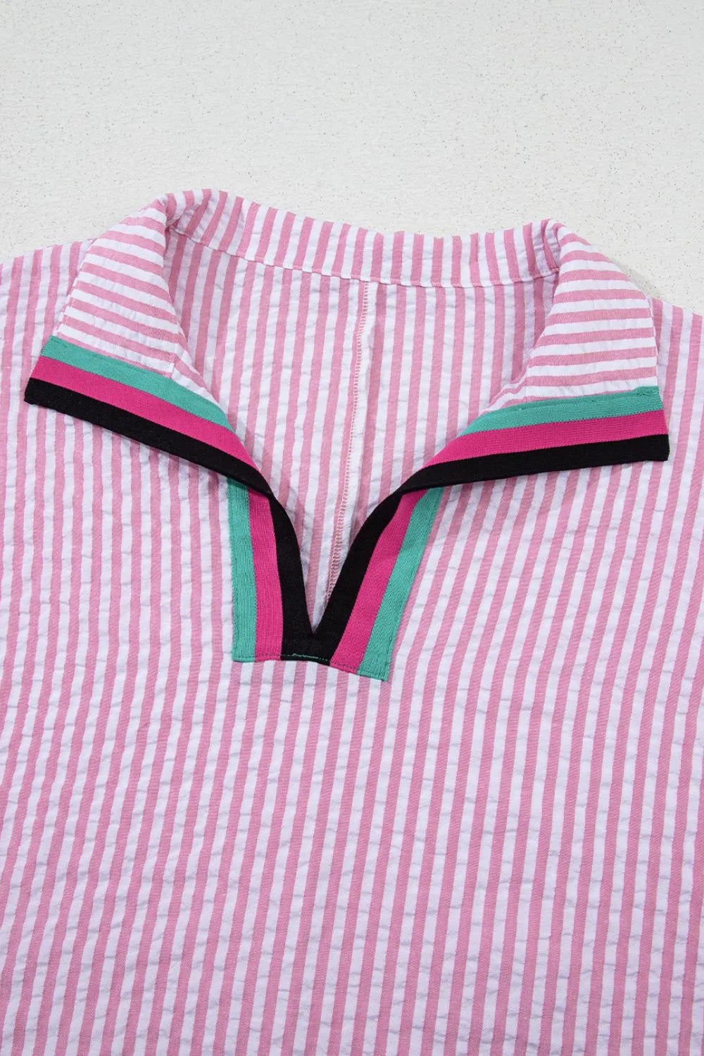 Striped Print Contrast Split Neck Dolman Sleeve Blouse OutfitFlow