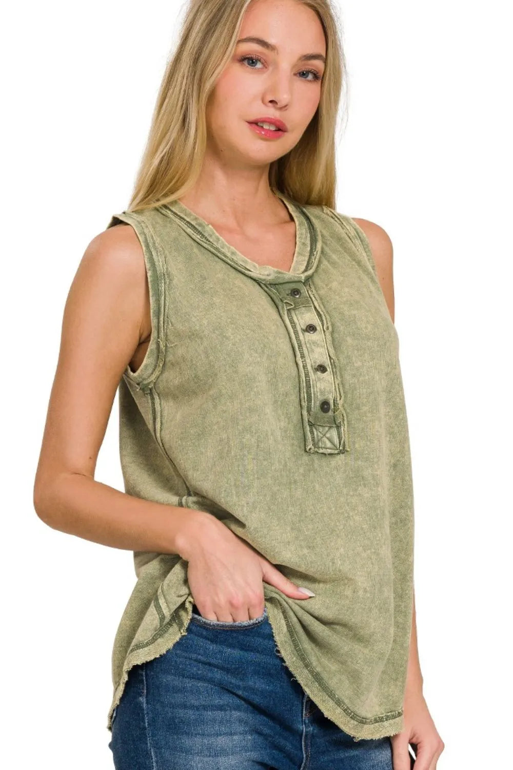 Zenana Washed Half-button Raw Edge Sleeveless Henley Top LT OLIVE OutfitFlow