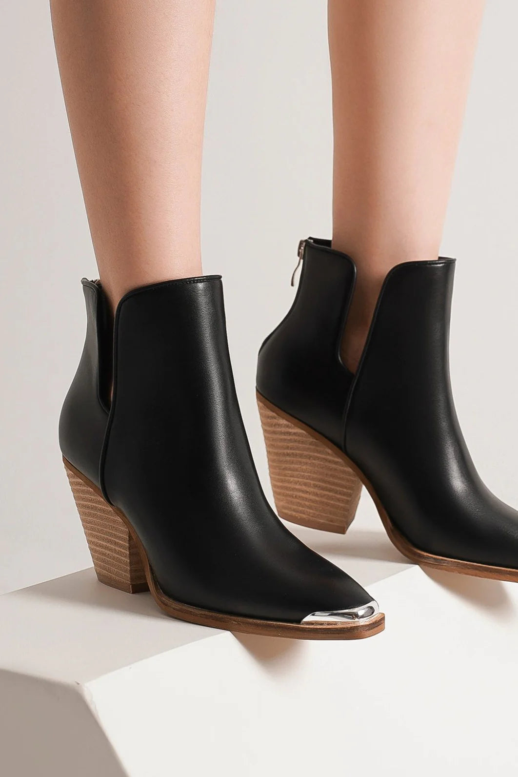 Beast Fashion Pointed Metal-Tip Toe Block Heel Ankle Boots Black OutfitFlow