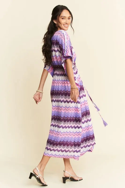 Davi & Dani Multi Color Wavy Tie Waist Flowy Sleeve Dress OutfitFlow