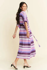 Davi & Dani Multi Color Wavy Tie Waist Flowy Sleeve Dress OutfitFlow